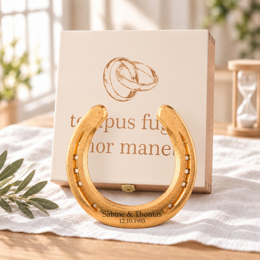 Vergoldetes Glückshufeisen mit Geschenkbox „Tempus fugit“ – personalisiert mit Gravur