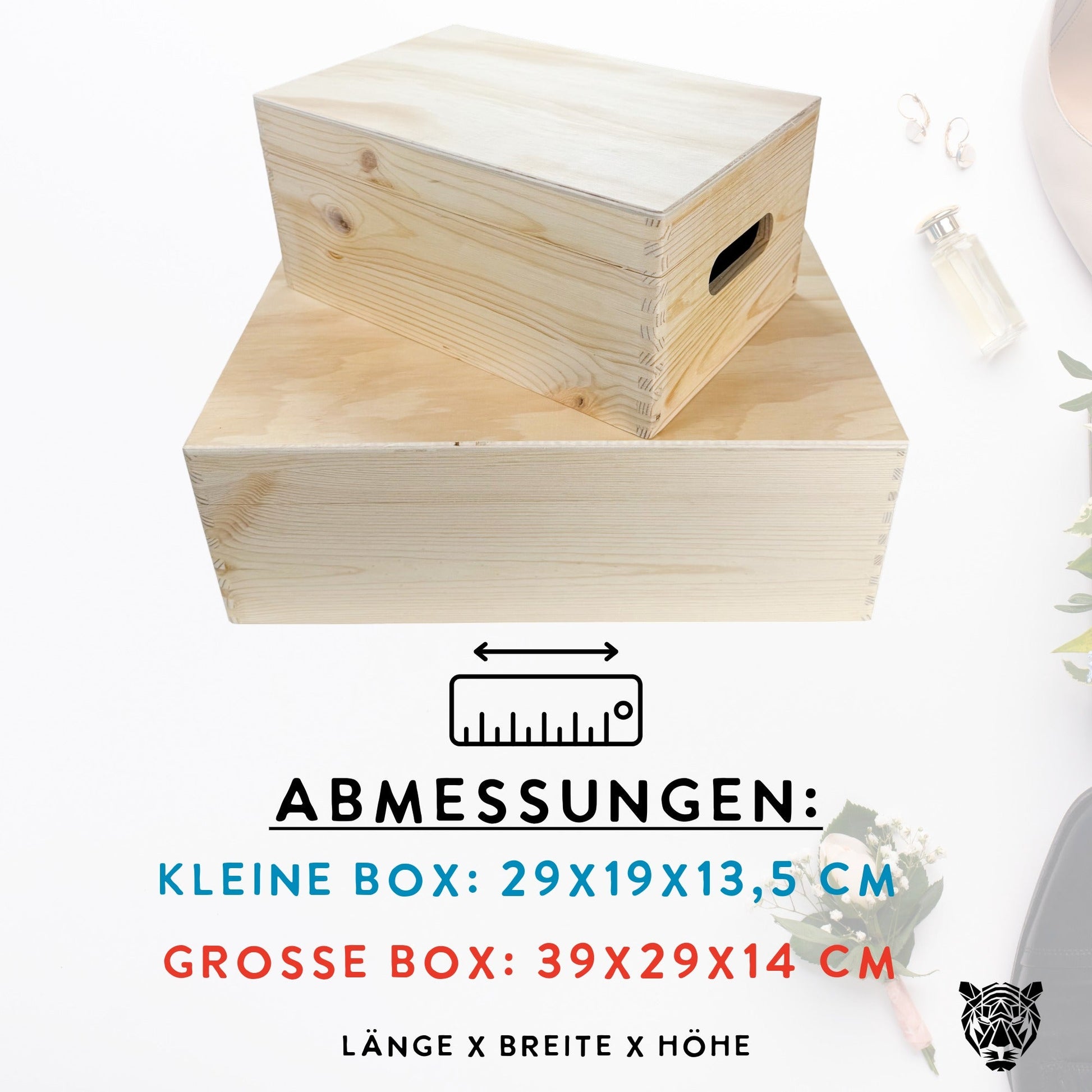 Maße der personalisierten Erinnerungsbox zur Hochzeit – kleine Box 29x19x13,5 cm und große Box 39x29x14 cm