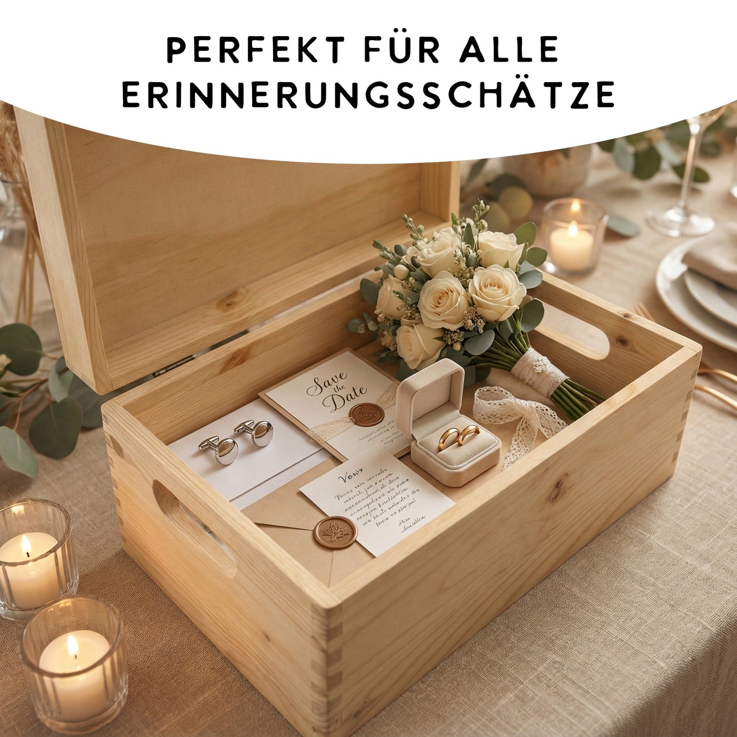 Offene Holz Erinnerungsbox zur Hochzeit mit Hochzeitsandenken wie Brautstrauß, Ringbox, Karten und Manschettenknöpfen