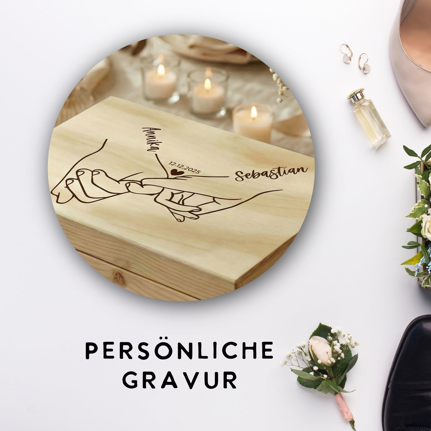 Nahaufnahme Gravur Hände auf Hochzeitsbox aus Holz mit personalisierten Namen und Hochzeitsdatum, Geschenk für Brautpaar